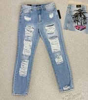 American Bazi Distressed Boyfriend Jeans Hollywood Graffiti Blue Large