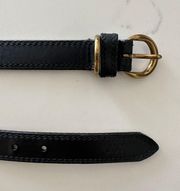 Vintage Black Double Stitch Leather Belt with Brass Buckle Size Medium