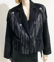 Vintage COMINT Black Fringe Conch Embellished Western 100% Leather Jacket Size S