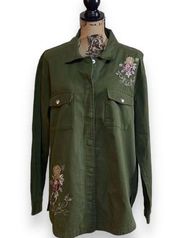 Blue Rain Francesca’s Long Sleeve Embroidered Button Down Women’s L, Army Green