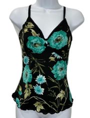 Vintage Black Floral Tank With Lace Trim