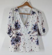 Yumi Kim Cloud 9 Floral Puff Sleeve Button Up V-Neck Blouse Size Large Preowned