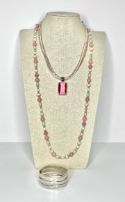 Multi Beaded Pink Pendent Necklace, Pink Beaded Long Necklace, Silver Bracelet Jewelry Buy 3/$21