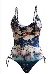 $116 Rachel Roy Women's Printed Lace-Up One Piece Swimsuit, Garden Size XL