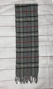 plaid scarf with fringe hem 60”x9.5” Black grey & red