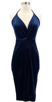 NEW  Womens Velvet Navy Deep-V Neck Halter Bodycon Midi Dress Size S