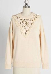 Modcloth Molly Bracken Gold Sequin Lace Yoke Sweater Cream S