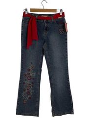 New Faded Glory Y2K Embroidered Bohemian Belted Flare Bootcut Jeans Size 14