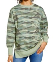 New  Camo Print Side Slit Oversized Sweatshirt Cotton Crewneck Green