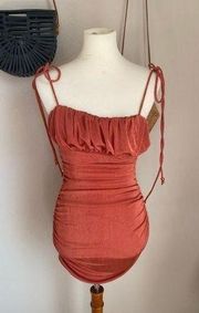 Finders Keepers Burnt Orange Ruched Spaghetti Strap Mini Dress, Size Small