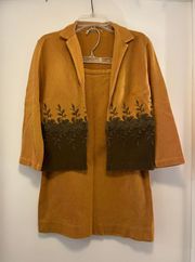 Vintage Mustard Blazer and Skirt Set with Embroidered Brown Floral Detail - Size Small