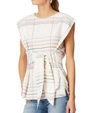 Habitual Nell Tie Top Small Striped Cap Sleeve Crew Neck Linen Blend