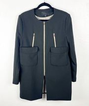 METAPHOR Black Collarless Longline Front Zipper Lined Coat, Size Large