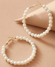 Faux Pearl Beaded Decor Hoop Earrings