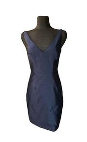 Monique Lhuiller V Neck Satin Navy Lined Sleeveless Bridesmaids Dress