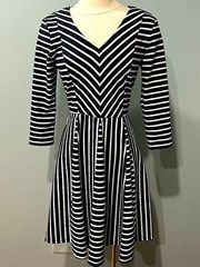 Gabby Skye Black & White Stripes V Neck 3/4 Sleeve Flare Skirt Dress Size 4