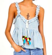 Linen Pom Pom Tie Front Ruffle Strap Peplum Cami, Blue & White Stripe, L