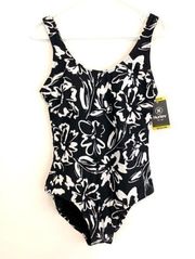 NEW NWT HURLEY Black White Floral Scoop Neck Low Back One Piece Swimsuit Medium