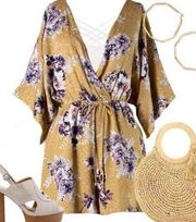 Boutique Millibon gold and purple floral print faux wrap romper size small NWT