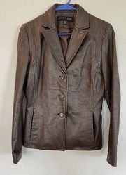 Kenneth Cole Womens Brown Leather Jacket Size S Button Front Pockets Lined