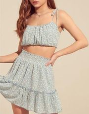 PINK LILY Women’s Light Blue Floral Shoulder Tie Crop Top and Skirt Set Size S