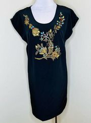 100% Silk Dress 4 Black Beaded Embellished Scoop Neck Knee Length Shift