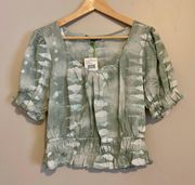 Women’s Tie Dye Crop Ruffle Short Sleeve Top Light Green Size L