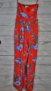 RED BLUE GREEN WHITE FLORAL STRAPLESS BANDEA JUMPSUIT SMALL