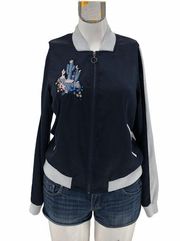 Juicy Couture SMALL Navy Blue Cactus Patch Track Windbreaker Bomber Jacket Zip