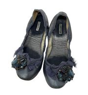 Miu Miu metallic blue Leather Crystal Embellishments Ballet Flats sz 37.5