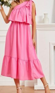 One Shoulder Pink MIDI Dress