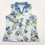 Laura Ashley Golf Tennis Shirt Womens Size Large Blue Floral Sleeveless UPF 50