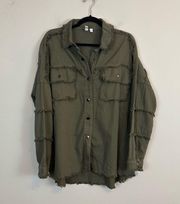 Elan | All You Need Is Love Distressed Shirt Jacket Shacket Olive Green Medium