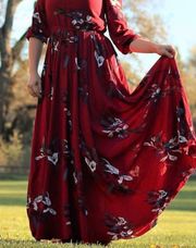 ChicWish Flowy Floral Print Red Maxi Dress