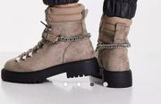 ASOS DESIGN Arabelle Chain Trim Outdoor Hiker Boots Taupe Women’s Sz US 10 NWOT