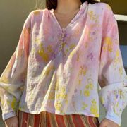 Anthropologie Tavi Floral Pastel Cotton Ombre Blouse Top Pink Yellow Large
