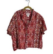 Rachel Zoe Linen Aztec Red Button Down Boxy Blouse Large