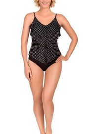 Miraclesuit by Kirkland Dipping Dots Ruffled Tankini Top Black & White Size 8