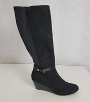 Dana Buchman Womens Boots Size 6.5 Black Suede Wedge Heel Knee High Side Zip