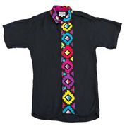 Jams World Black Button-Down Shirt Colorful Stripe Size Large Women's