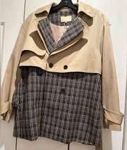 🆕 Ports 1961 | Mixed Material Trench Coat Size 4 Double Breasted Plaid NWT