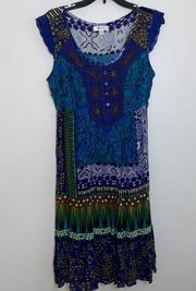 Dressbarn Blue and Green Abstract Print Midi  Dress With Stones