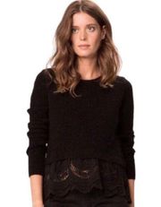 MAJE Black Kastor Sweater Ribbed Knit Long Sleeve Lace Trim Women's Small