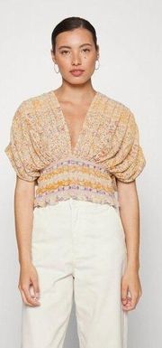 Free People  Next Vacation Smocked Crop Top Blouse Open Back Boho Peasant Medium