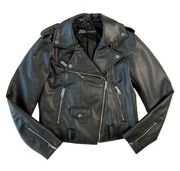 Zara Women's Small Black Faux Leather Moto Jacket Cropped Long-Sleeve