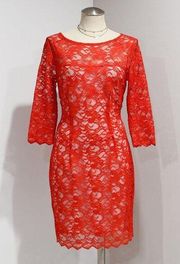 JENNIFER LOPEZ Women's Red-Orange Lace 3/4 Sleeve Cocktail~Party Dress Size 8