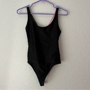 Koral Womens Black size S Thong Bodysuit Open Back Neon Strap Stretch Gym Swim