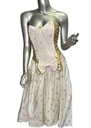Vintage White and Metallic Gold Polka Dot Strapless Gunne Sax Dress Sz 11/12