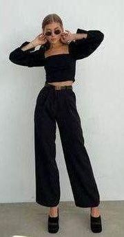 Black Wide Leg Pleated Trousers