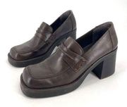 Vintage Mia women's Leather Square Toe Chunky Platform Heel Shoes Brown Size 8.5